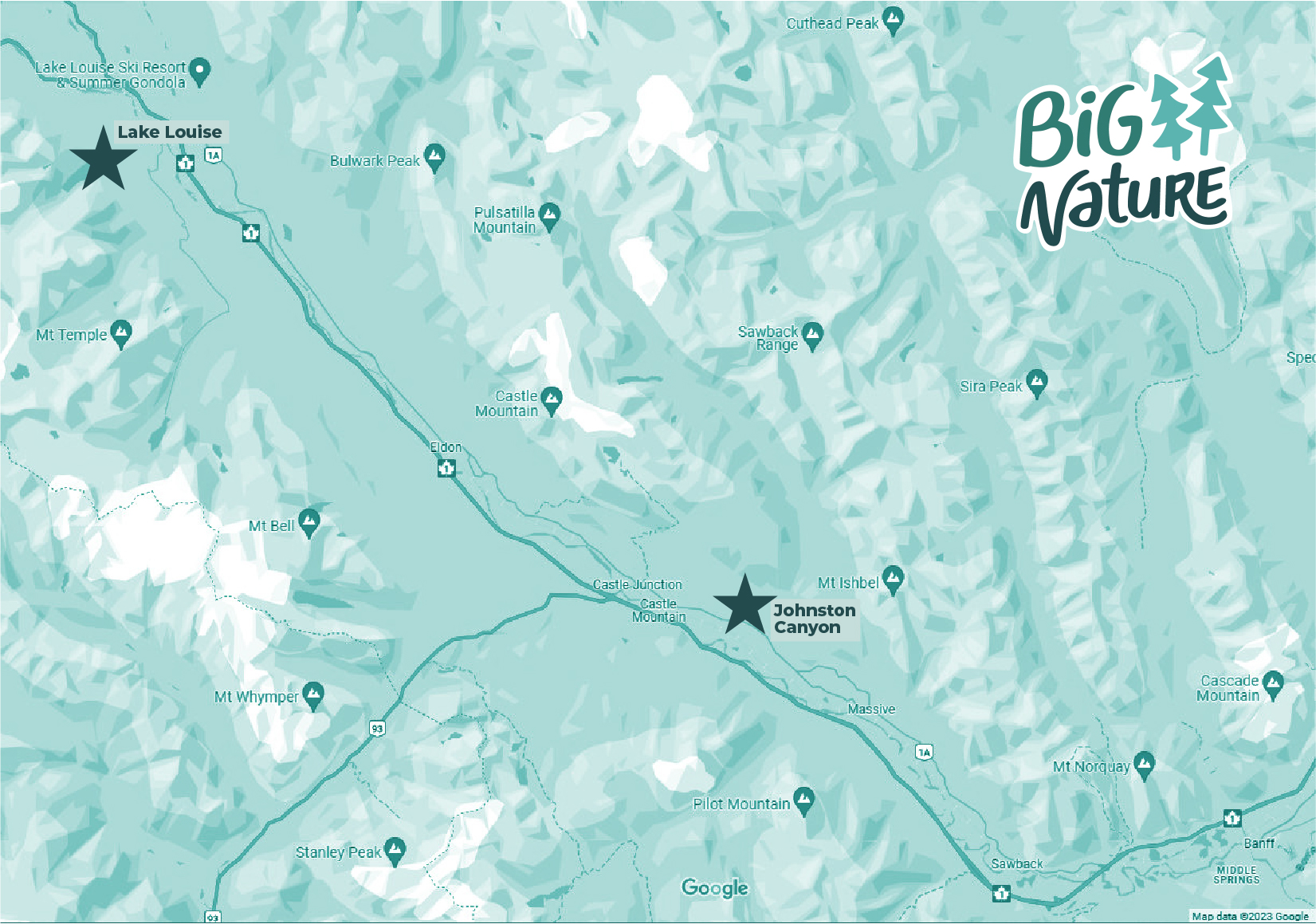 Route Map for Banff Big Three Sightseeing Tour