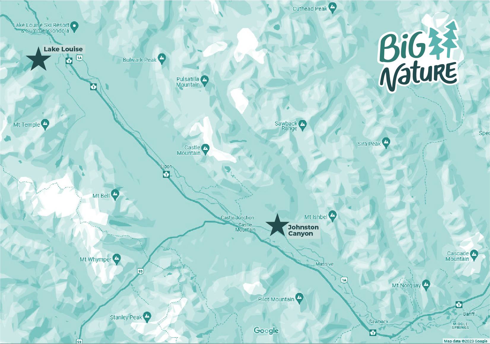 Route Map for Banff Big Three Sightseeing Tour